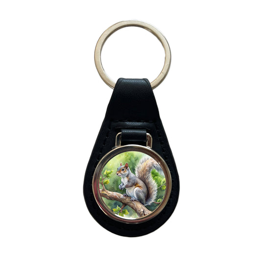 Gray Squirrel In Tree Watercolor Black Leather Metal Keychain