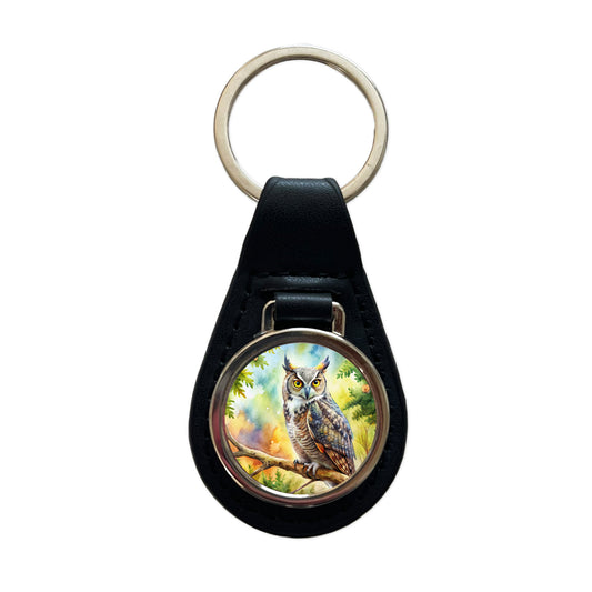 Great Horned Owl In Tree Watercolor Black Leather Metal Keychain