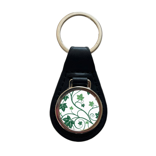 Green Ivy Vines Black Leather Metal Keychain