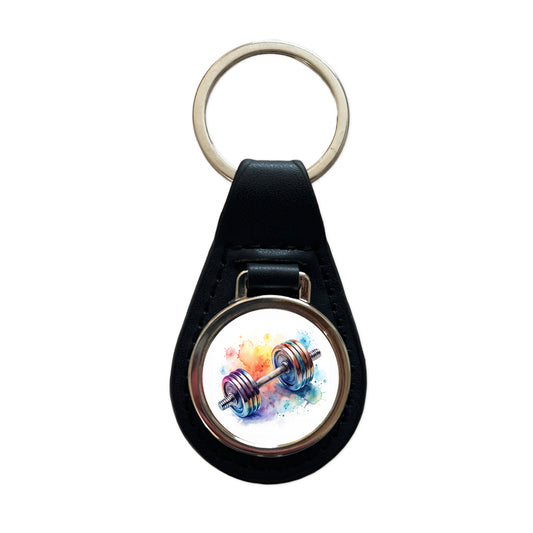 Gym Workout Dumbbells Weights Watercolor Black Leather Metal Keychain