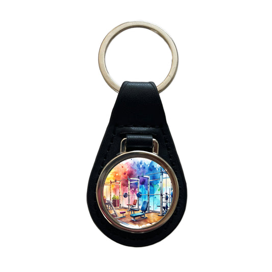 Gym Workout Equipment Watercolor Black Leather Metal Keychain