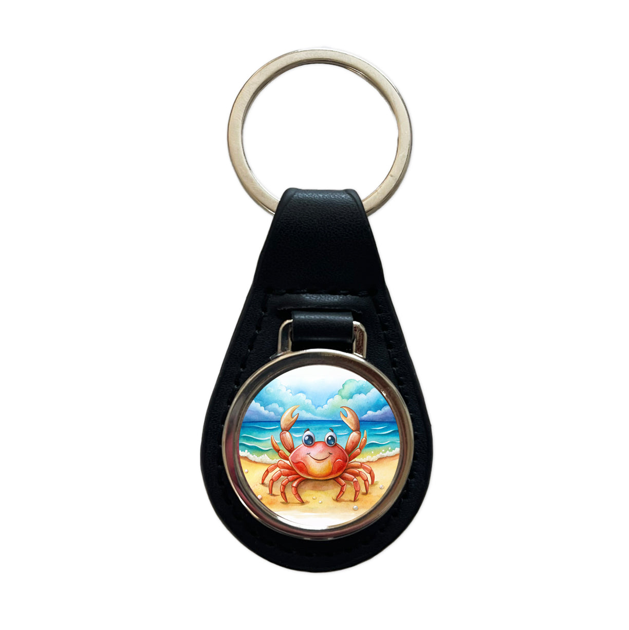Happy Crab On The Tropical Beach Watercolor Black Leather Metal Keychain