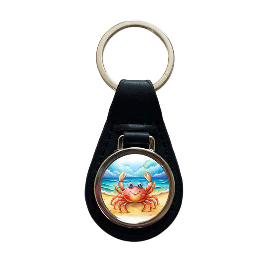 Happy Crab On The Tropical Beach Watercolor Black Leather Metal Keychain