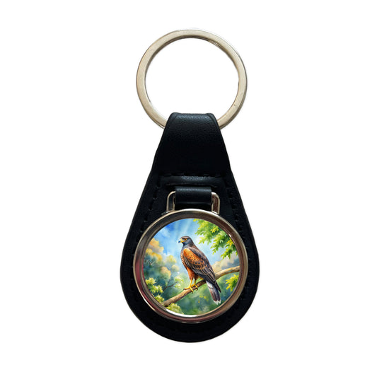 Harris's Hawk Raptor Bird Of Prey In Tree Watercolor Black Leather Metal Keychain