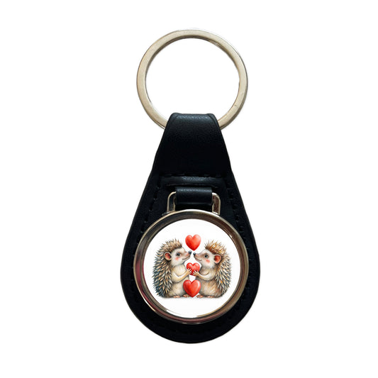 Hedgehogs In Love With Hearts Valentine's Day Black Leather Metal Keychain