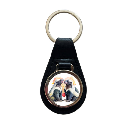 Honey Badgers In Love Heart Valentine's Day Black Leather Metal Keychain
