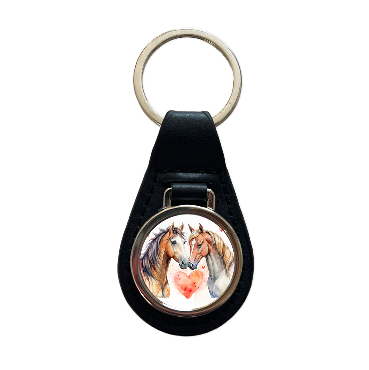 Horses In Love Heart Valentine's Day Black Leather Metal Keychain