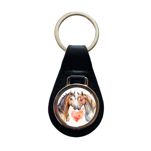 Horses In Love Heart Valentine's Day Black Leather Metal Keychain