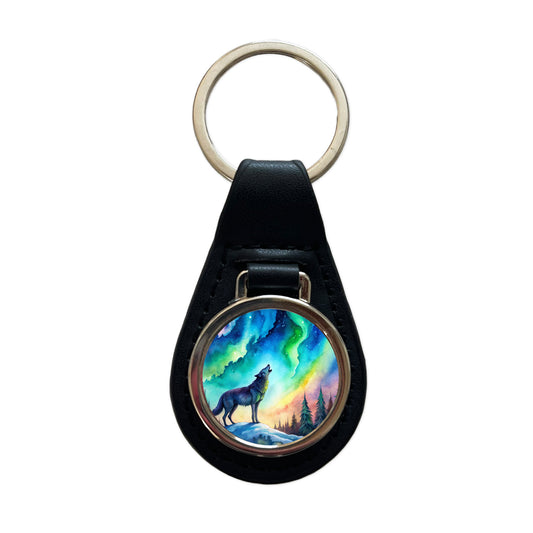 Howling Wolf And Northern Lights Watercolor Black Leather Metal Keychain