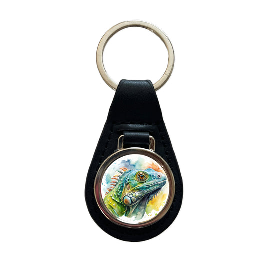 Iguana Lizard Face Profile Reptile Watercolor Black Leather Metal Keychain