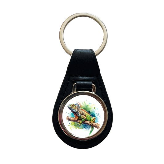 Iguana Lizard On Branch Reptile Watercolor Black Leather Metal Keychain
