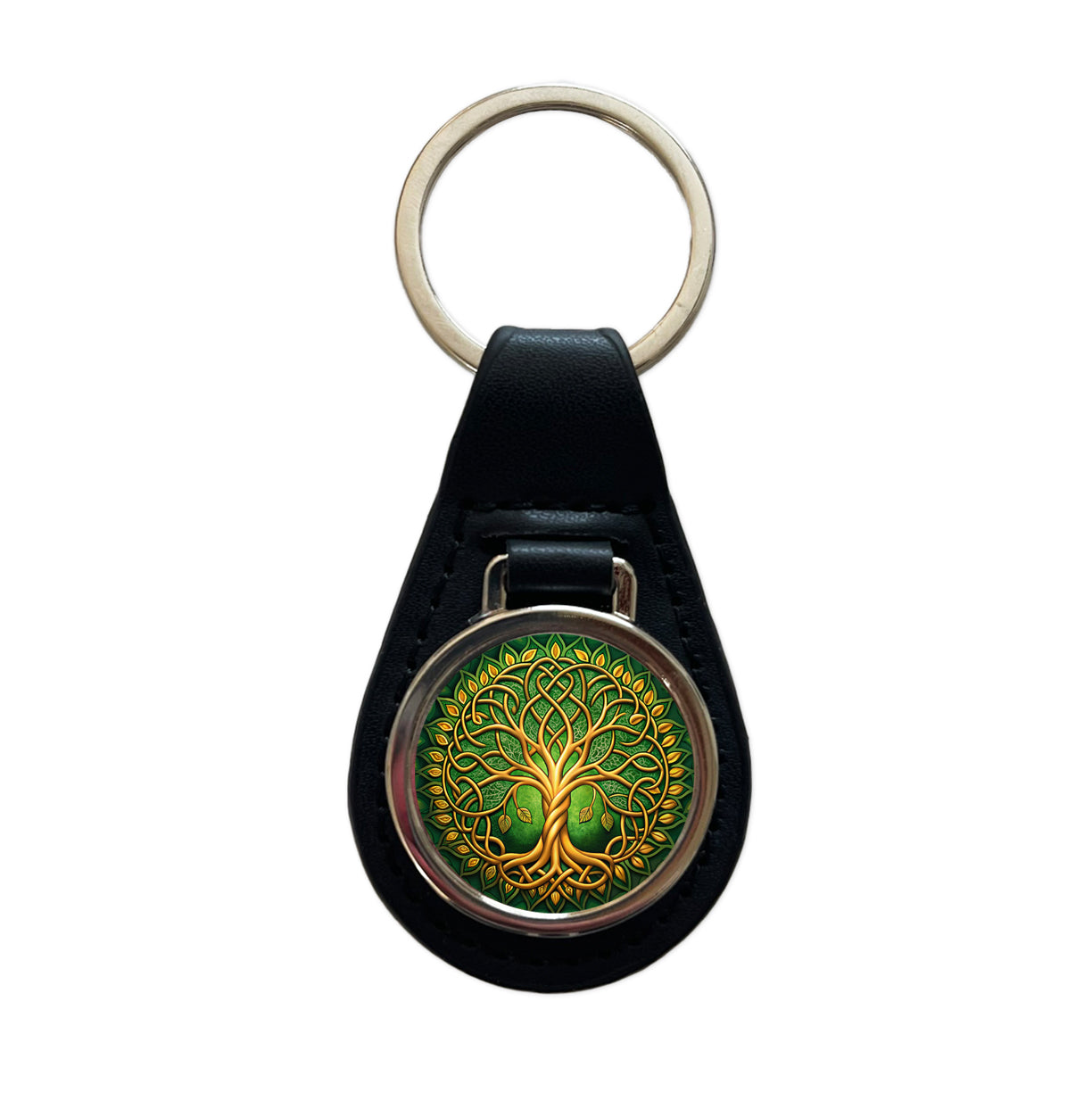 Irish Celtic Knot Tree Of Life Green And Golden Black Leather Metal Keychain