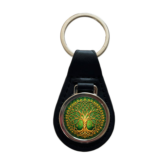 Irish Celtic Knot Tree Of Life Green And Golden Black Leather Metal Keychain