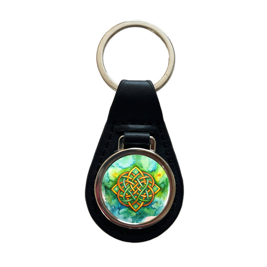 Irish Celtic Knot Watercolor Black Leather Metal Keychain