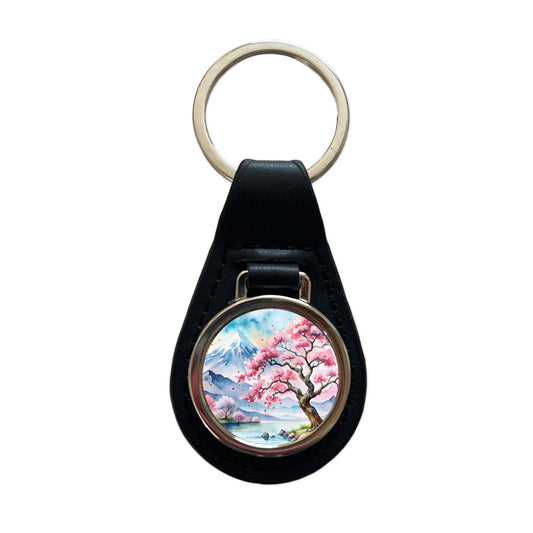 Japanese Cherry Blossom Tree Scene Watercolor Black Leather Metal Keychain