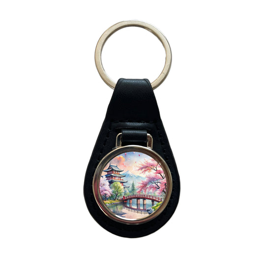 Japanese Scene With Bridge And Cherry Blossom Trees Watercolor Black Leather Metal Keychain