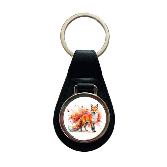 Kitsune Fox Asian Japanese Spirit Animal Folklore Watercolor Black Leather Metal Keychain