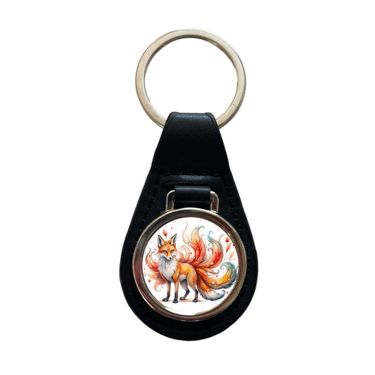 Kitsune Fox With Many Tails Asian Japanese Spirit Folklore Watercolor Black Leather Metal Keychain