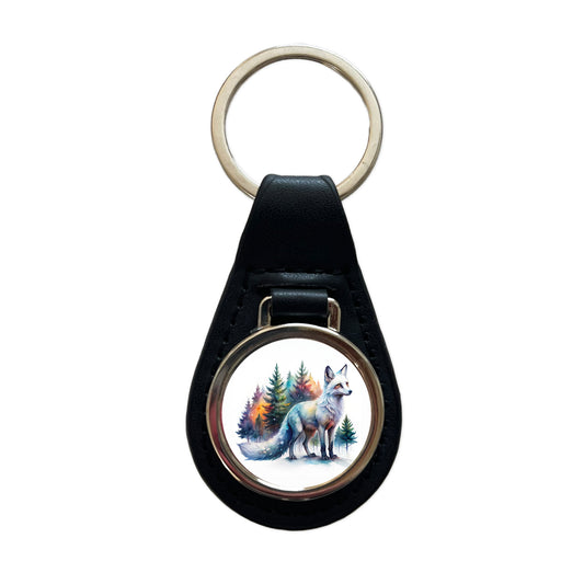Kitsune White Fox Asian Japanese In Forest Watercolor Black Leather Metal Keychain