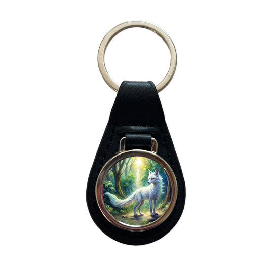 Kitsune White Fox Fantasy Japanese In Forest Watercolor Black Leather Metal Keychain