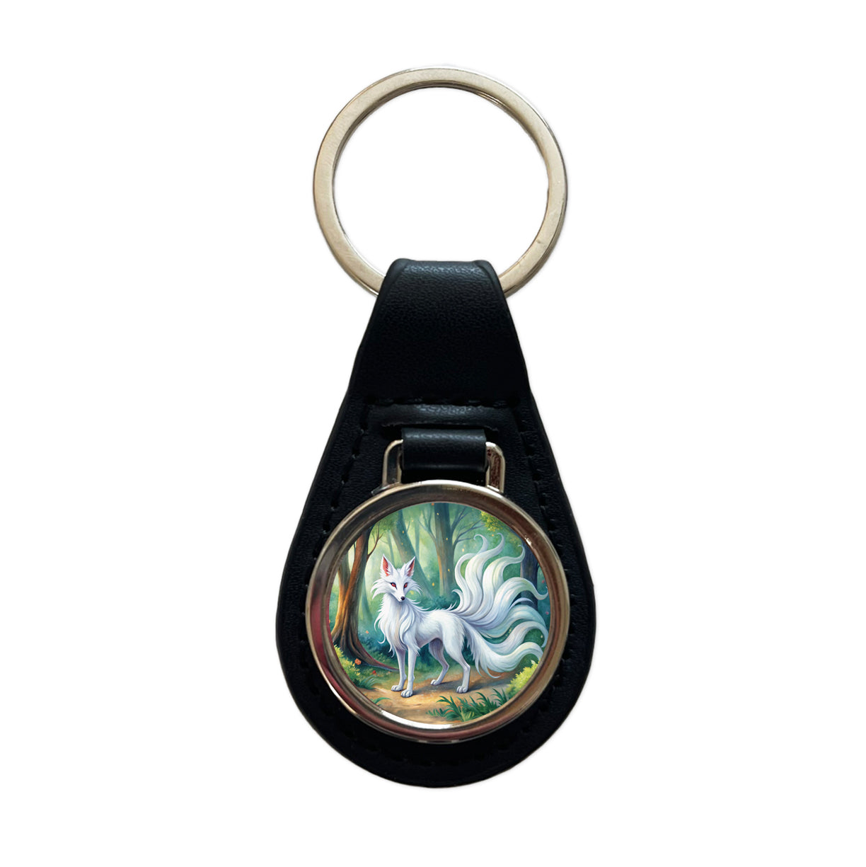 Kitsune White Fox With Many Tails Japanese Spirit Animal Watercolor Black Leather Metal Keychain