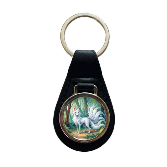 Kitsune White Fox With Many Tails Japanese Spirit Animal Watercolor Black Leather Metal Keychain