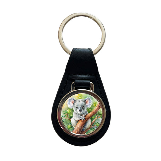 Koala In A Tree Watercolor Black Leather Metal Keychain