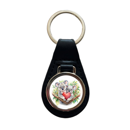 Koalas In Love Heart Valentine's Day Black Leather Metal Keychain