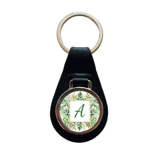 Letter A Initial Monogram Frame Leaf Black Leather Metal Keychain