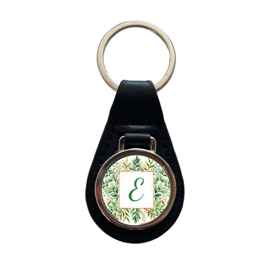 Letter E Initial Monogram Frame Leaf Black Leather Metal Keychain