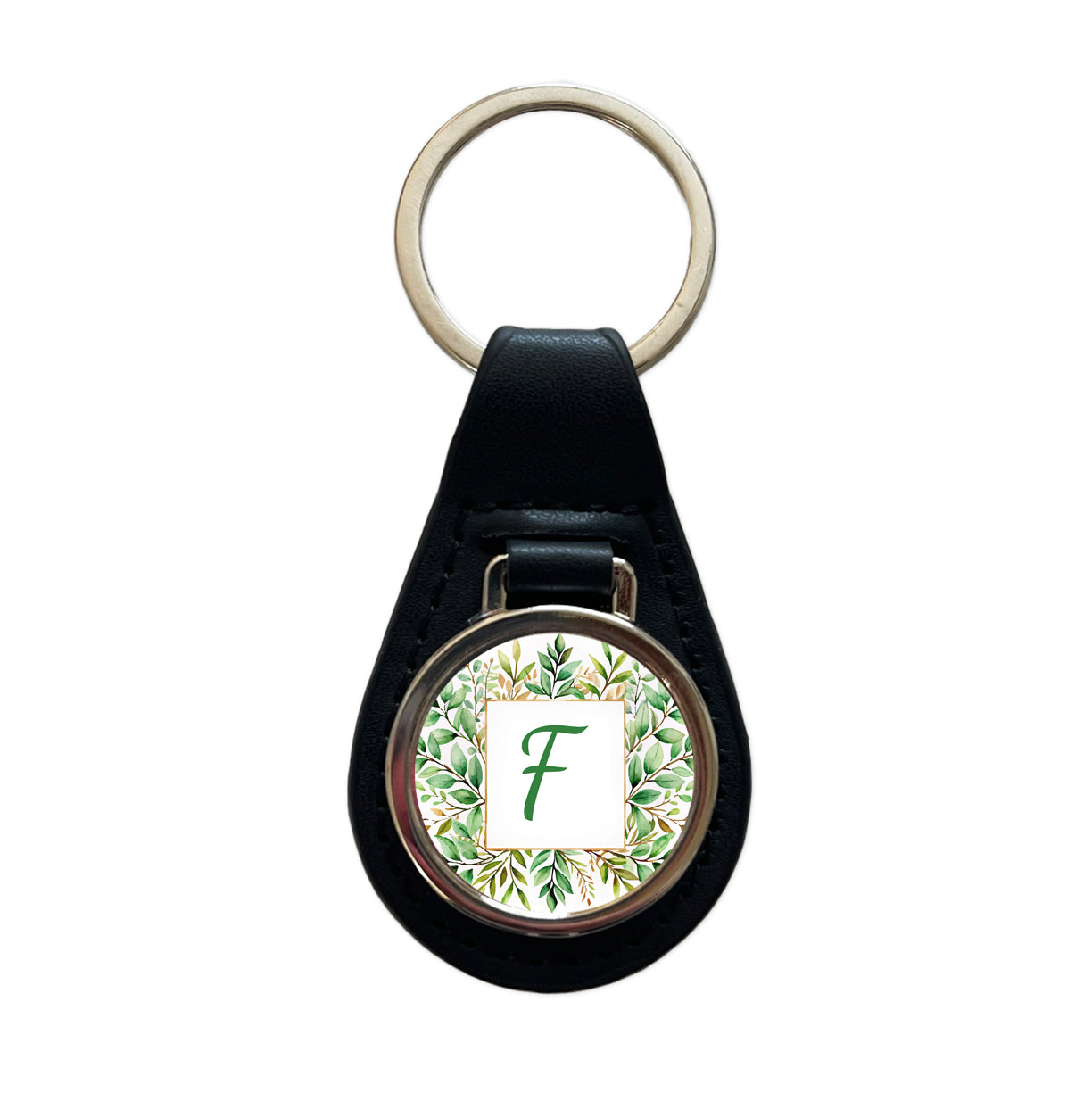 Letter F Initial Monogram Frame Leaf Black Leather Metal Keychain