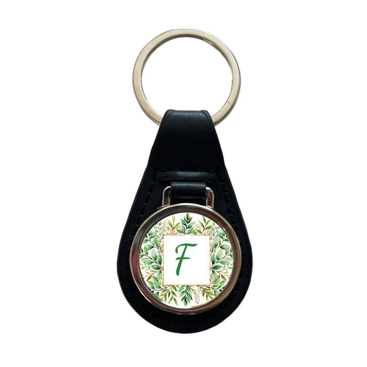 Letter F Initial Monogram Frame Leaf Black Leather Metal Keychain