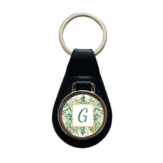 Letter G Initial Monogram Frame Leaf Black Leather Metal Keychain