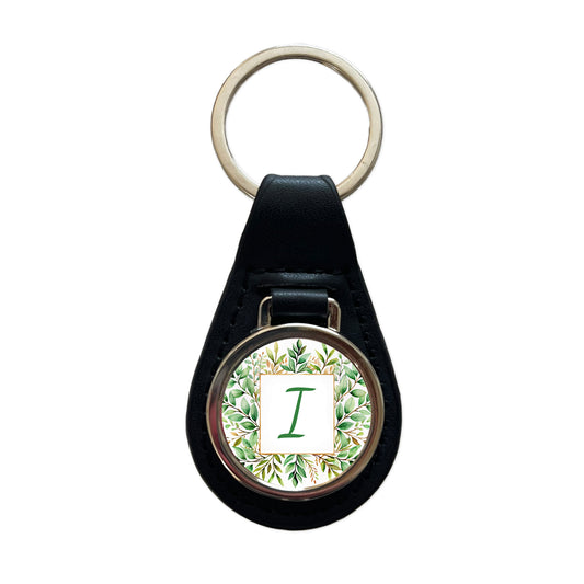 Letter I Initial Monogram Frame Leaf Black Leather Metal Keychain