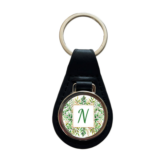 Letter N Initial Monogram Frame Leaf Black Leather Metal Keychain