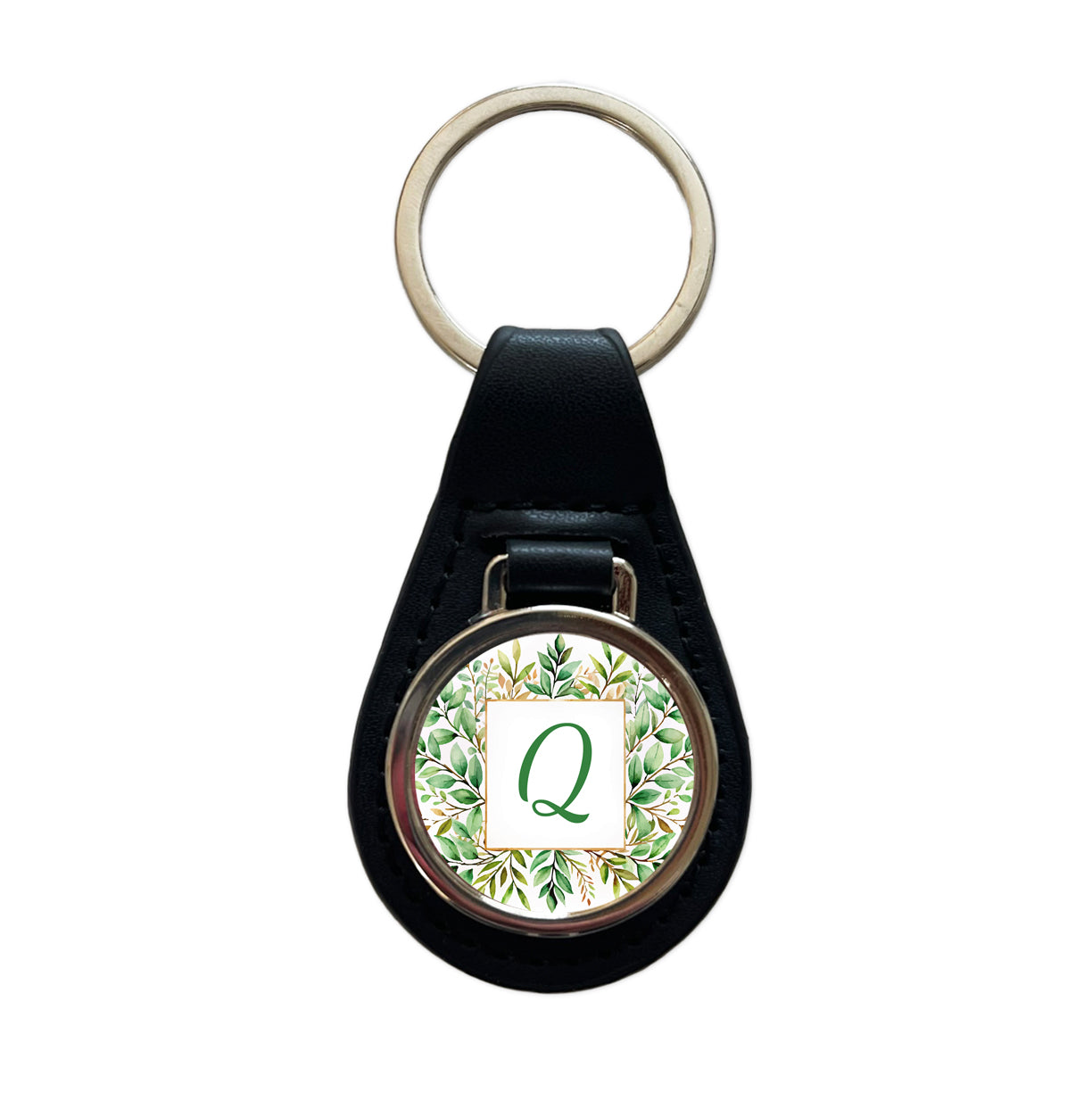 Letter Q Initial Monogram Frame Leaf Black Leather Metal Keychain