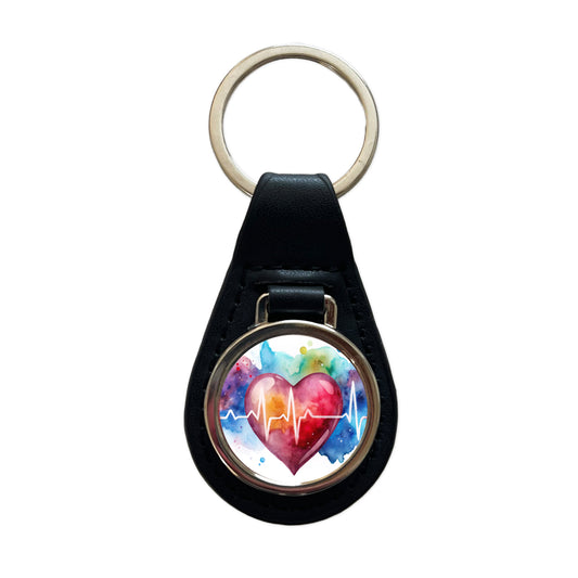 Life Pulse Heart Beat Doctor Nurse RN EMT Watercolor Black Leather Metal Keychain
