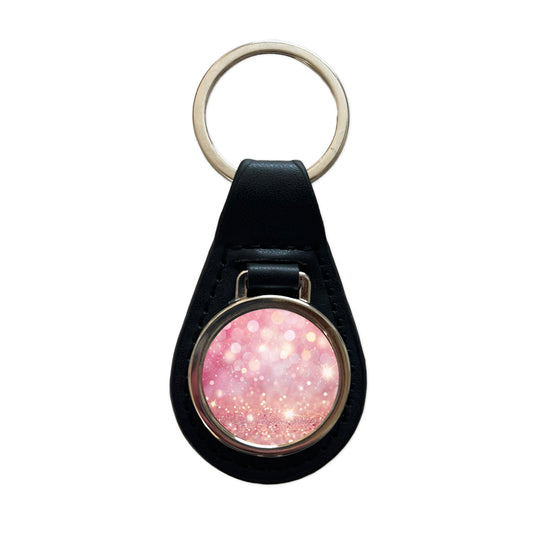 Light Pink Faux Glitter Black Leather Metal Keychain
