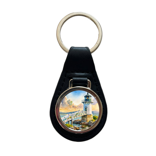 Lighthouse Like Marshall Point Maine Watercolor Black Leather Metal Keychain