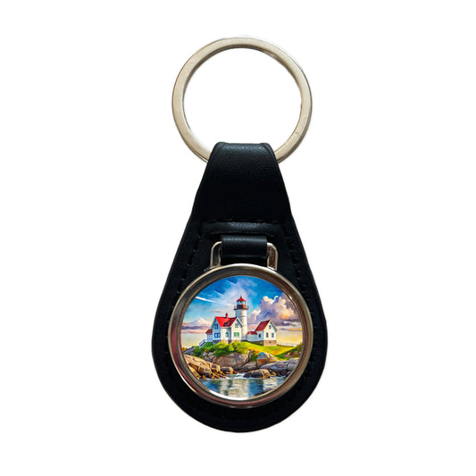 Lighthouse Like Nubble Lighthouse Maine Watercolor Black Leather Metal Keychain