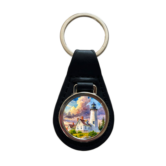 Lighthouse Like Pemaquid Point Maine Watercolor Black Leather Metal Keychain