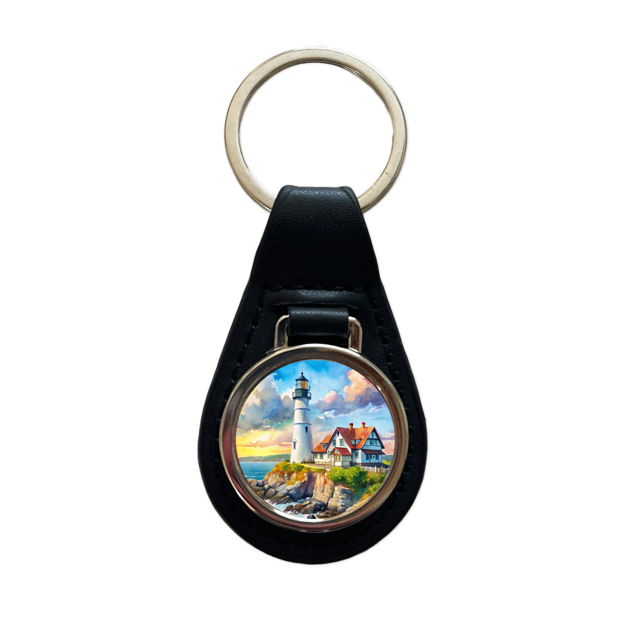Lighthouse Like Portland Head Maine Watercolor Black Leather Metal Keychain