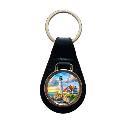 Lighthouse Like Portland Head Maine Watercolor Black Leather Metal Keychain