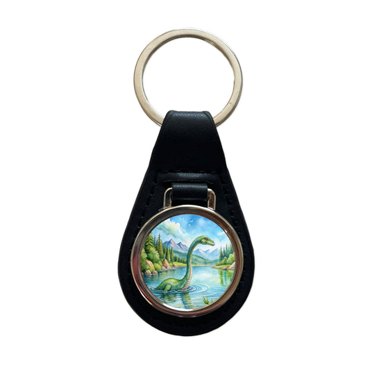 Loch Ness Monster Nessie In Scotland Highlands Lake Black Leather Metal Keychain