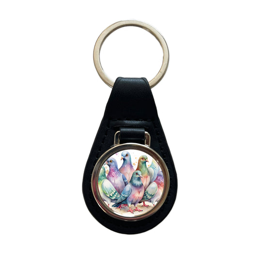 Lots Of Sweet Pigeons Black Leather Metal Keychain