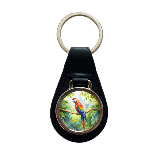 Macaw Parrot In Tree Bird Watercolor Black Leather Metal Keychain