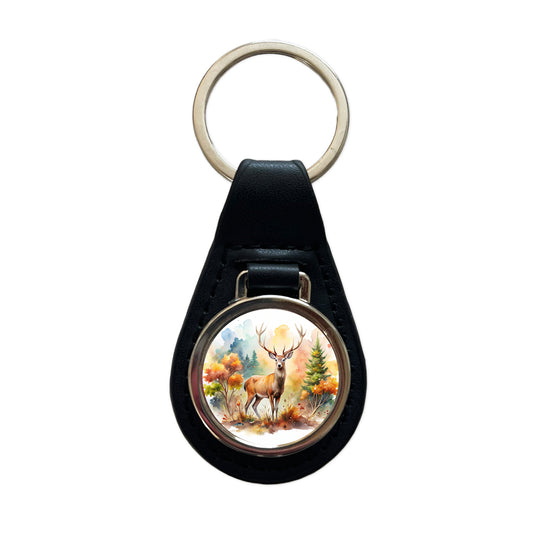 Majestic Deer Hunting Hunter Watercolor Black Leather Metal Keychain