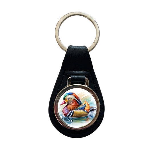 Mandarin Duck Watercolor Black Leather Metal Keychain