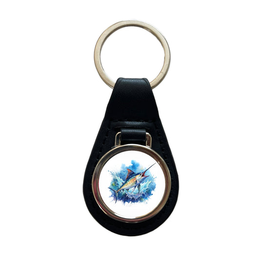 Marlin Jumping In The Ocean Deep Sea Sport Fishing Watercolor Black Leather Metal Keychain
