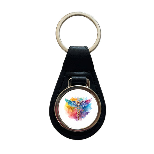 Medical Caduceus Doctor Nurse RN EMT Watercolor Black Leather Metal Keychain